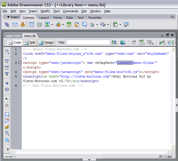 Add menu code to a library in Dreamweaver