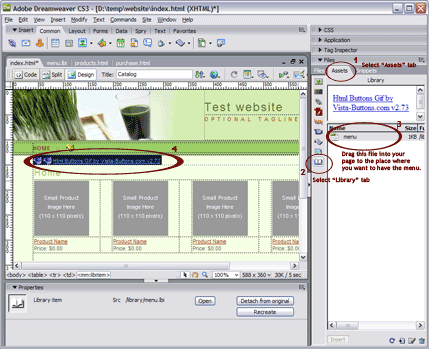 Drag library to your pages in Dreamweaver